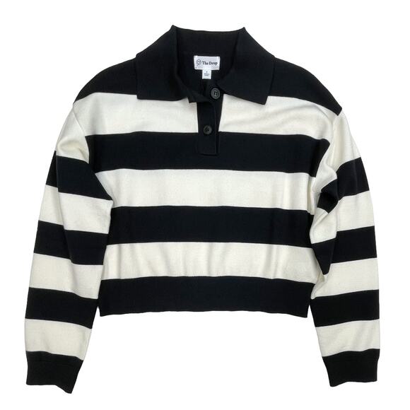 Amazon's The Drop Joan Split-Neck Polo Sweater Sz S New $50 Black White Striped - Picture 4 of 11